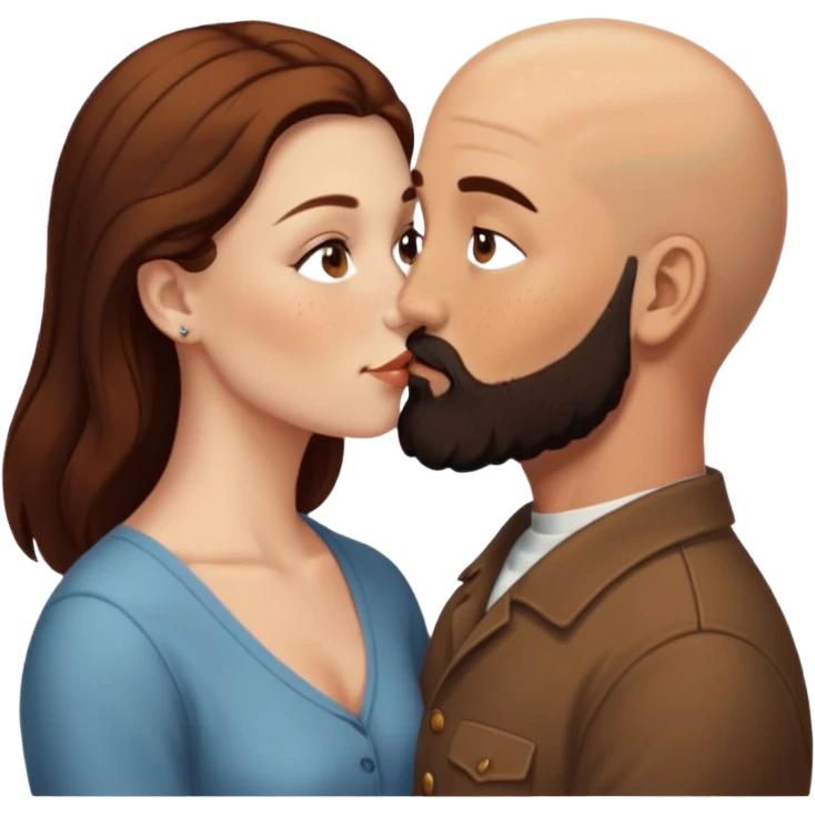 Couple. Bald man with dark brown-black beard. White woman with many small, faded freckles, she has white skin and she has auburn-brown-cinnamon, dark long hair. She has light brown eyes. The man have hazel eyes. Retro style. They kiss. emoji