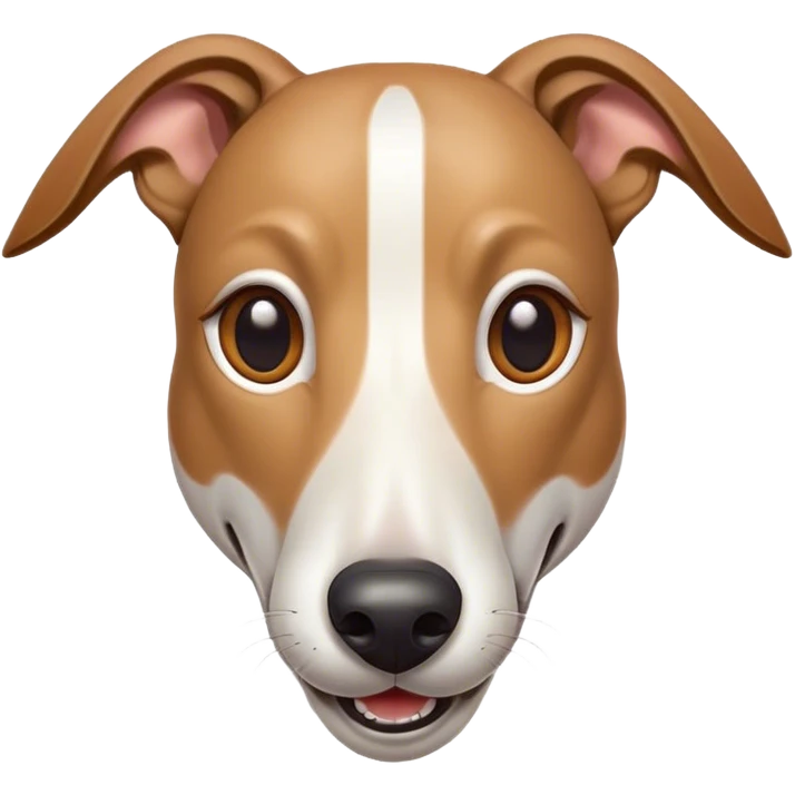 Cinematic Comical White and Brown Greyhound Portrait Emoji, Head tilted dramatically with an exaggeratedly amused expression, featuring a striking white Fur with dynamic brown accents, wide, expressive eyes filled with playful disbelief, Simplified yet hilariously expressive features, highly detailed, glowing with a slightly sassy glow, high shine, dramatic yet playful, stylized with an air of cheeky mischief, bright and endearing, soft glowing outline, capturing the essence of a spirited and over-the-top racer, so meme-worthy it feels like it could side-eye its way into internet fame instantly! emoji