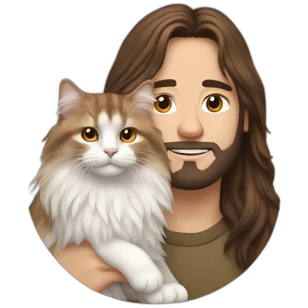 man with brown long hair holding a white Siberian cat emoji