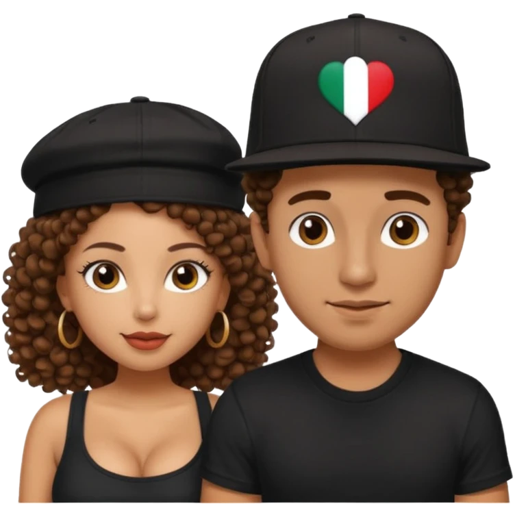 A picture of a loving tanned couple. the guy is Mexican, with a bald hair cut and he has a SnapBack hat on. The girl is mixed, the girl is wearing a black shirt, the girl has brown curly big hair and the girl has big boobs  emoji