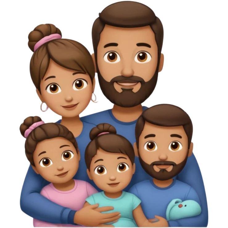brown family of 5. mom has bun. dad has beard. teenage daughter. toddler son. and baby emoji
