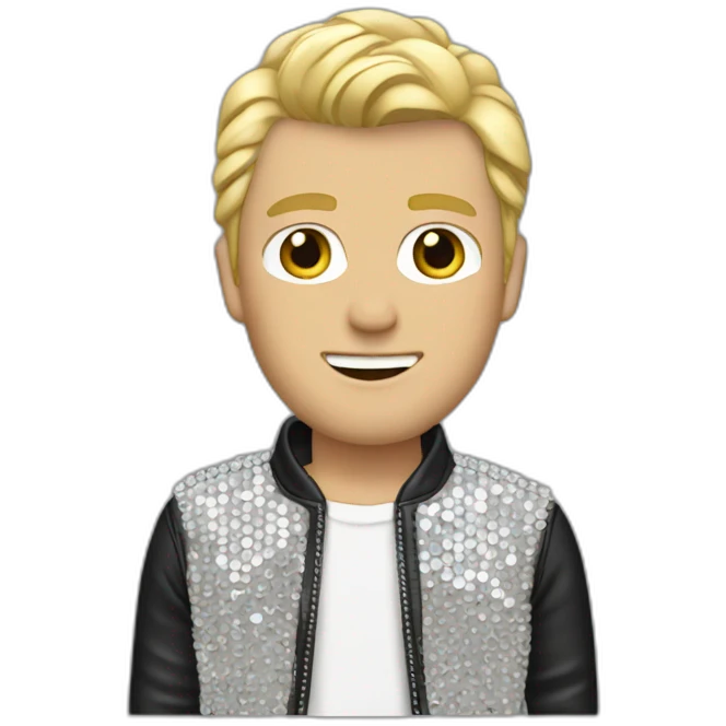 guy with blonde hair wearing rhinestone jacket emoji