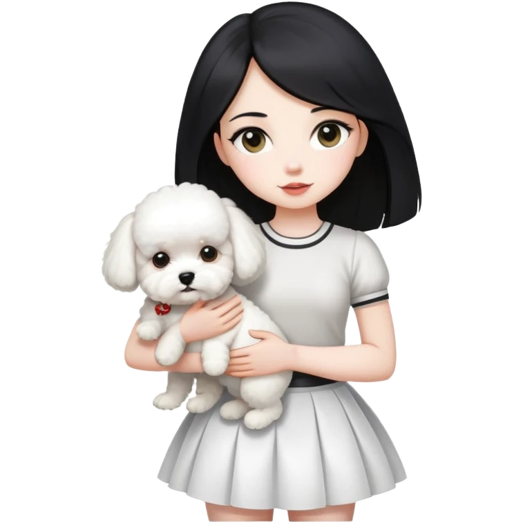 A beautiful girl with long straight black hair wearing a white skirt holding a small white Bichon Frise emoji