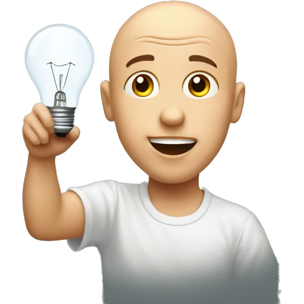 A bald boy with a surprised, joyful face holds up and points to the light bulb hanging above his head   emoji