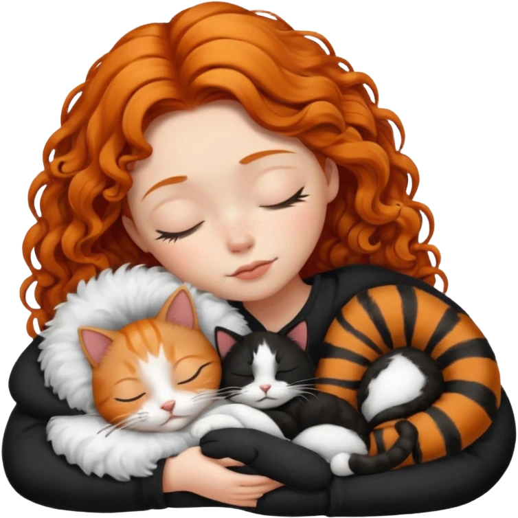 short hair Ginger Girl sleeping with a black and white bigger cat  emoji