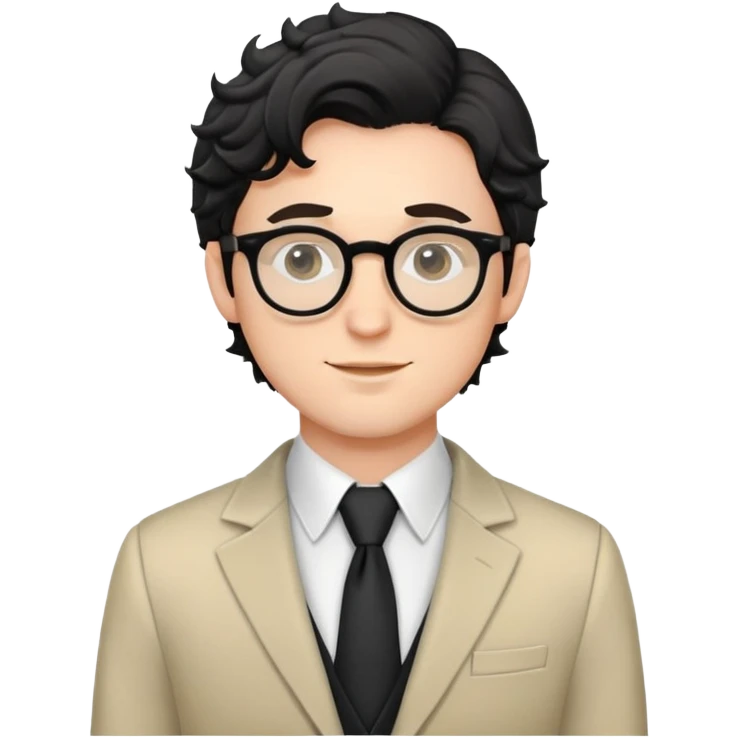 Young caucasian man with black wavy hair, round glasses, semi-formal theater outfit with blazer and collared shirt emoji