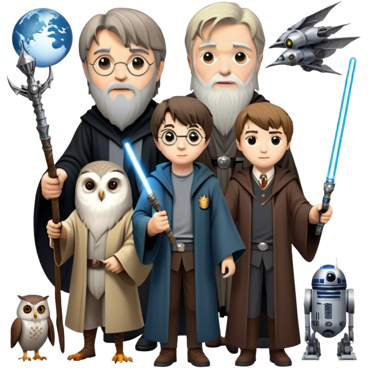 Icon for Fantasy and Sci-Fi Movies: Collage featuring Harry Potter with his wand, Dumbledore. Luke Skywalker with a lightsaber and futuristic robots. Background with a magical planet, Hogwarts, flying owls and spaceships. Epic and magical atmosphere. Transparent background. emoji