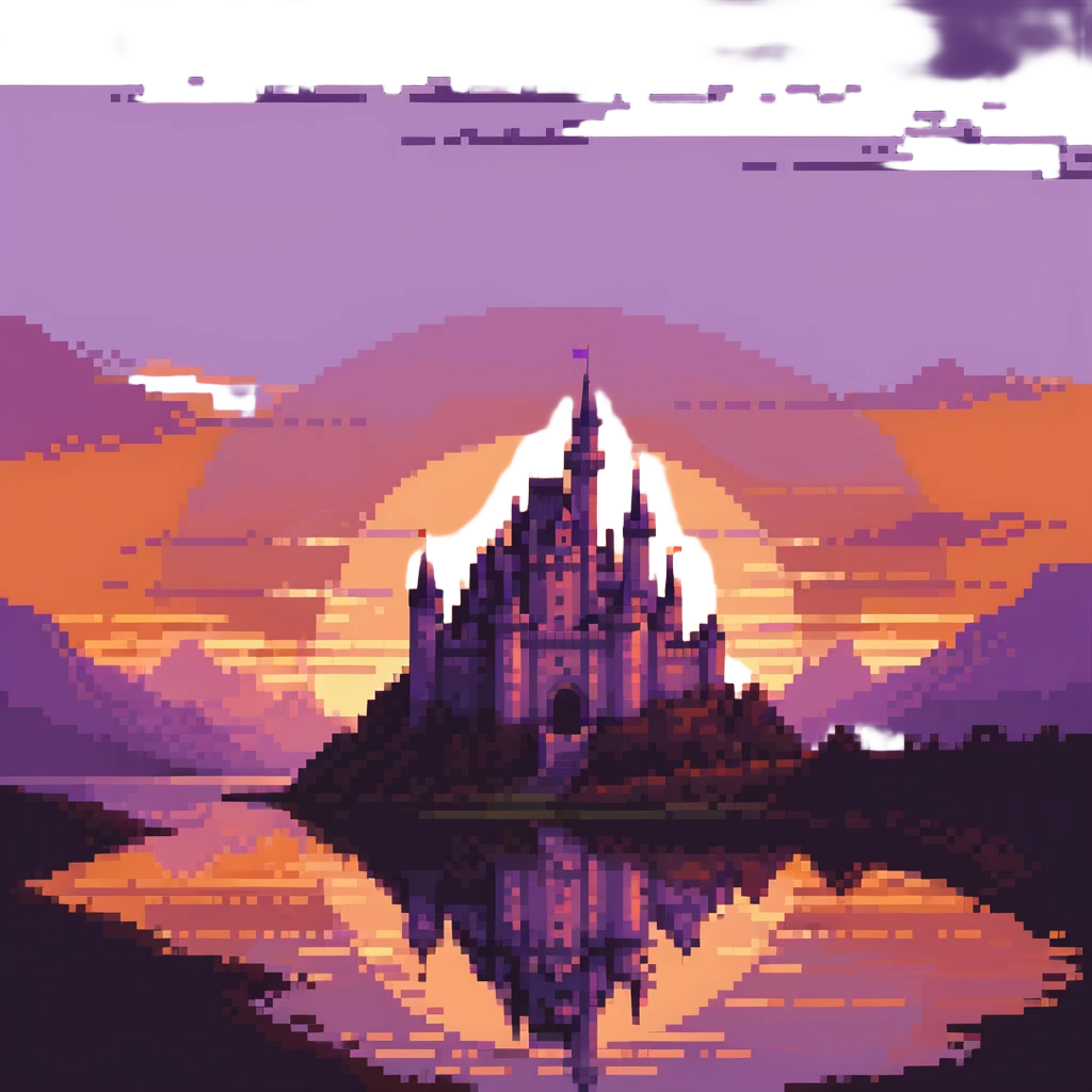 castle at sunset with warm orange and purple sky, dramatic lighting, no characters emoji