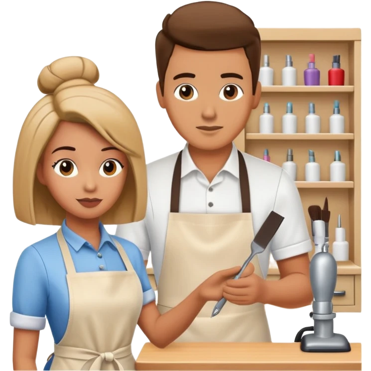 hair stylist wearing apron teaching student using mannequin head emoji