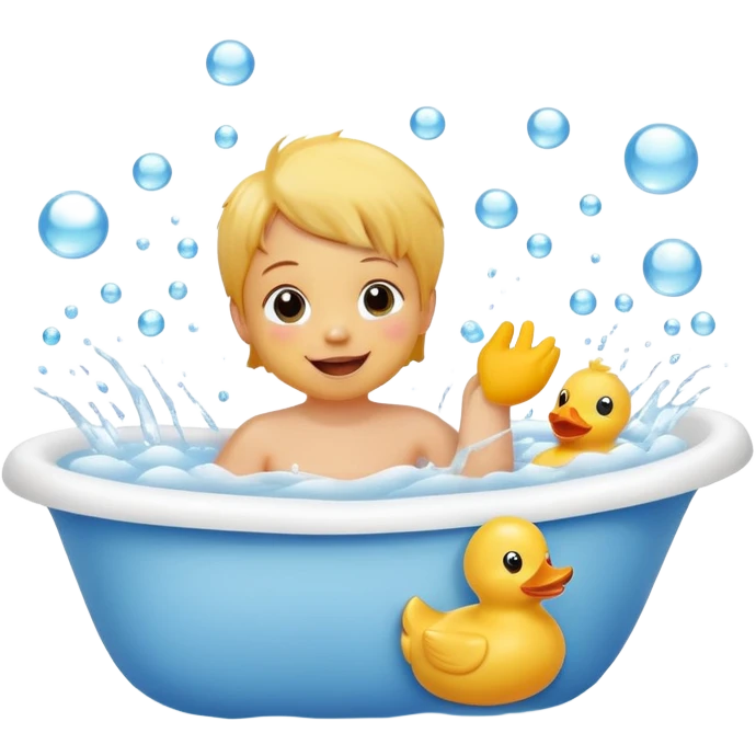 child splashing in a bathtub with rubber duck and bubbles, happy face emoji