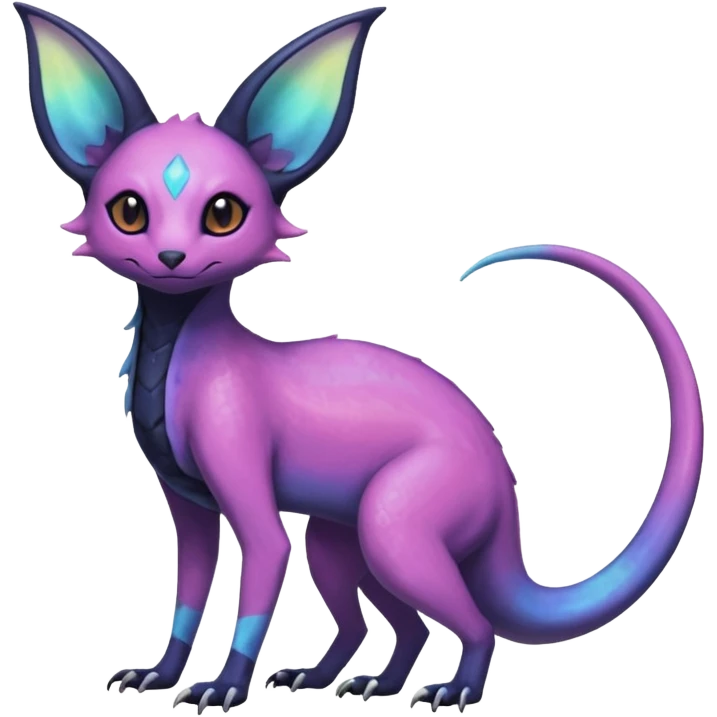 Rare epic aesthetic iridescent spooky gloomy colorful Salandit-Amaura-Espeon-Genet-species-Fakemon-hybrid-creature, with markings, full body emoji