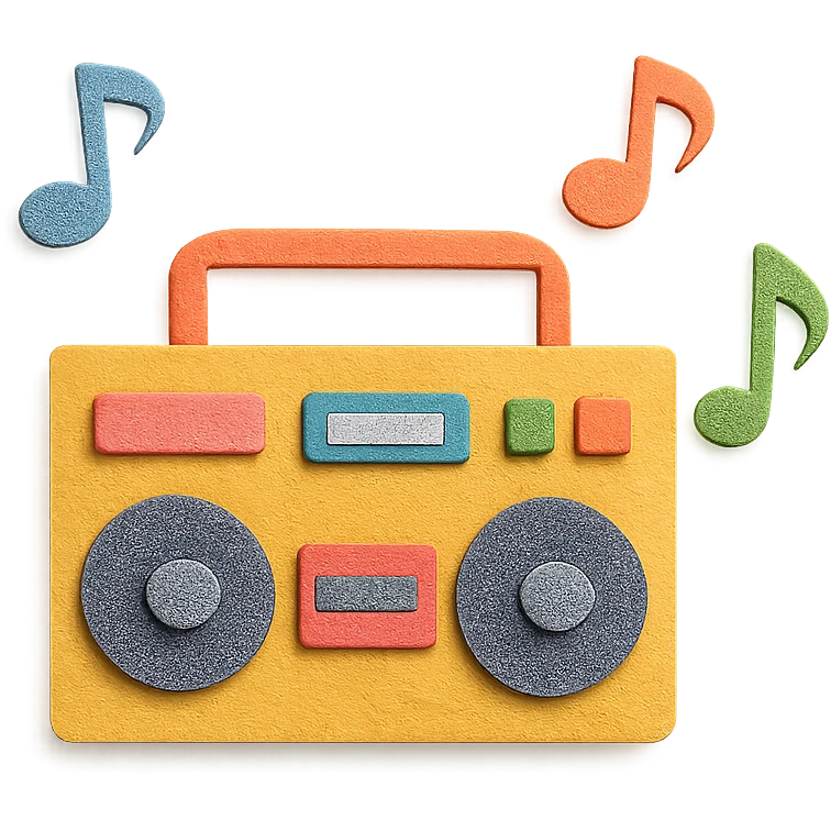 paper-craft style boombox with colorful musical notes floating around emoji