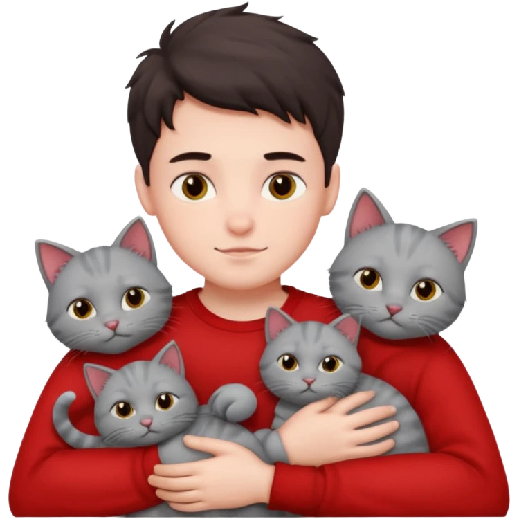 Make 20 gray cats cudling a kid that’s a boy wearing all red  emoji