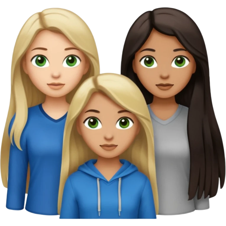 Three women, light skin with dark blonde long hair green eyes, tan skin black long hair with brown eyes, and light skin long blonde hair blue eyes, in cute casual wear emoji
