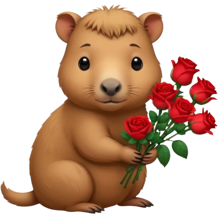 Cute baby capypara with sad puppy dog eyes holding roses  emoji