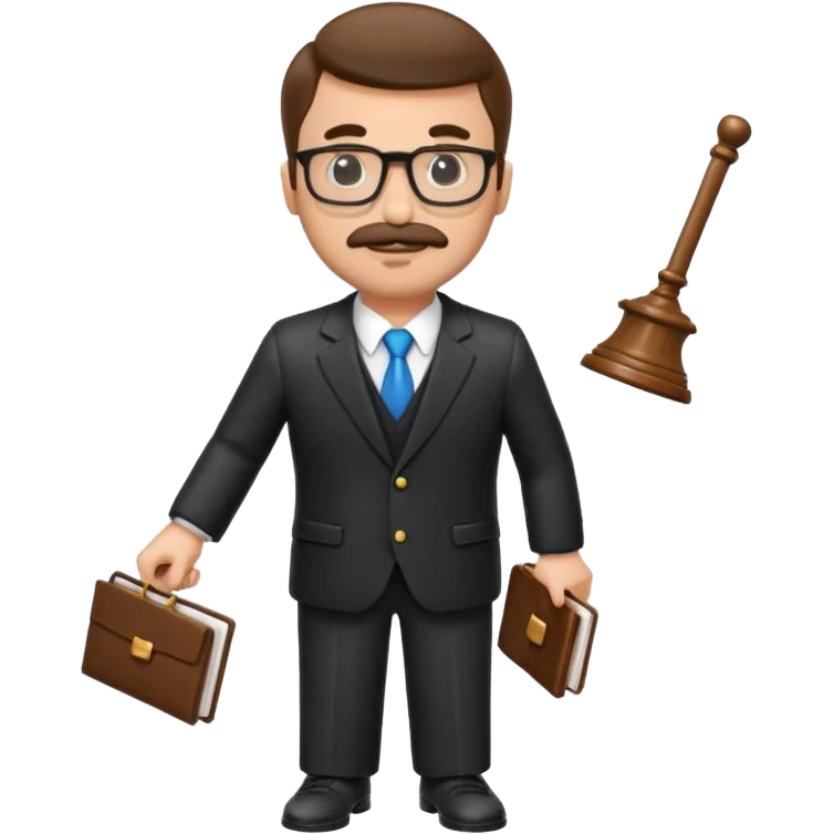 “Create a clean, modern emoji-style illustration of a male lawyer. He is wearing a formal suit jacket. He is holding a judge’s gavel in one hand and has a law book tucked under his arm. He has a mustache and a short beard, and he is wearing glasses. emoji