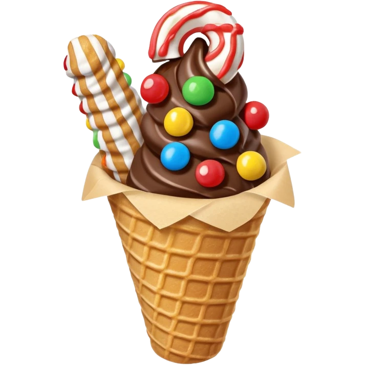 Add chocolate drizzle and m&ms on top of the crispy golden churros, put then on a cone shape paper pakage emoji