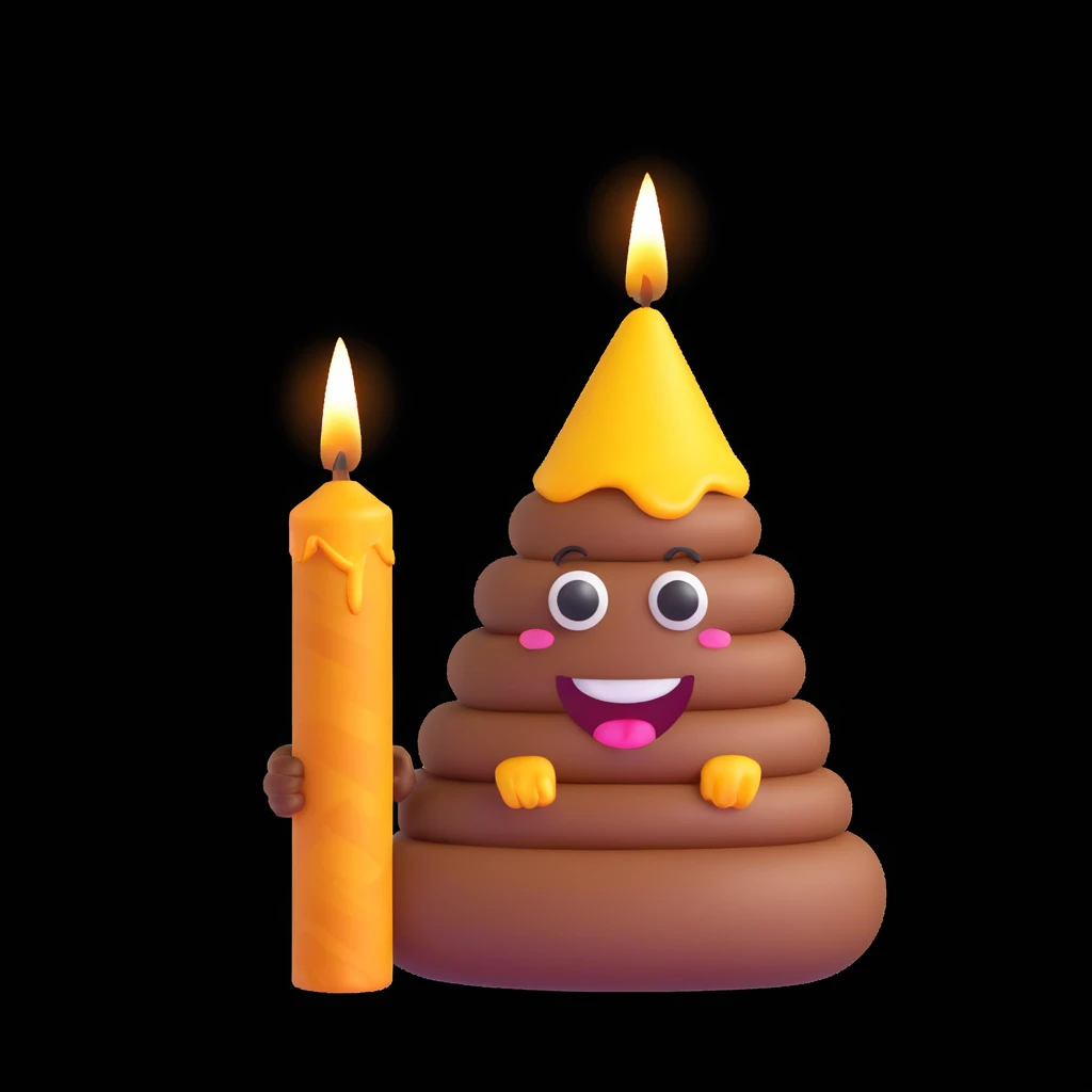 poop emoji with a birthday candle on top, fun and playful emoji