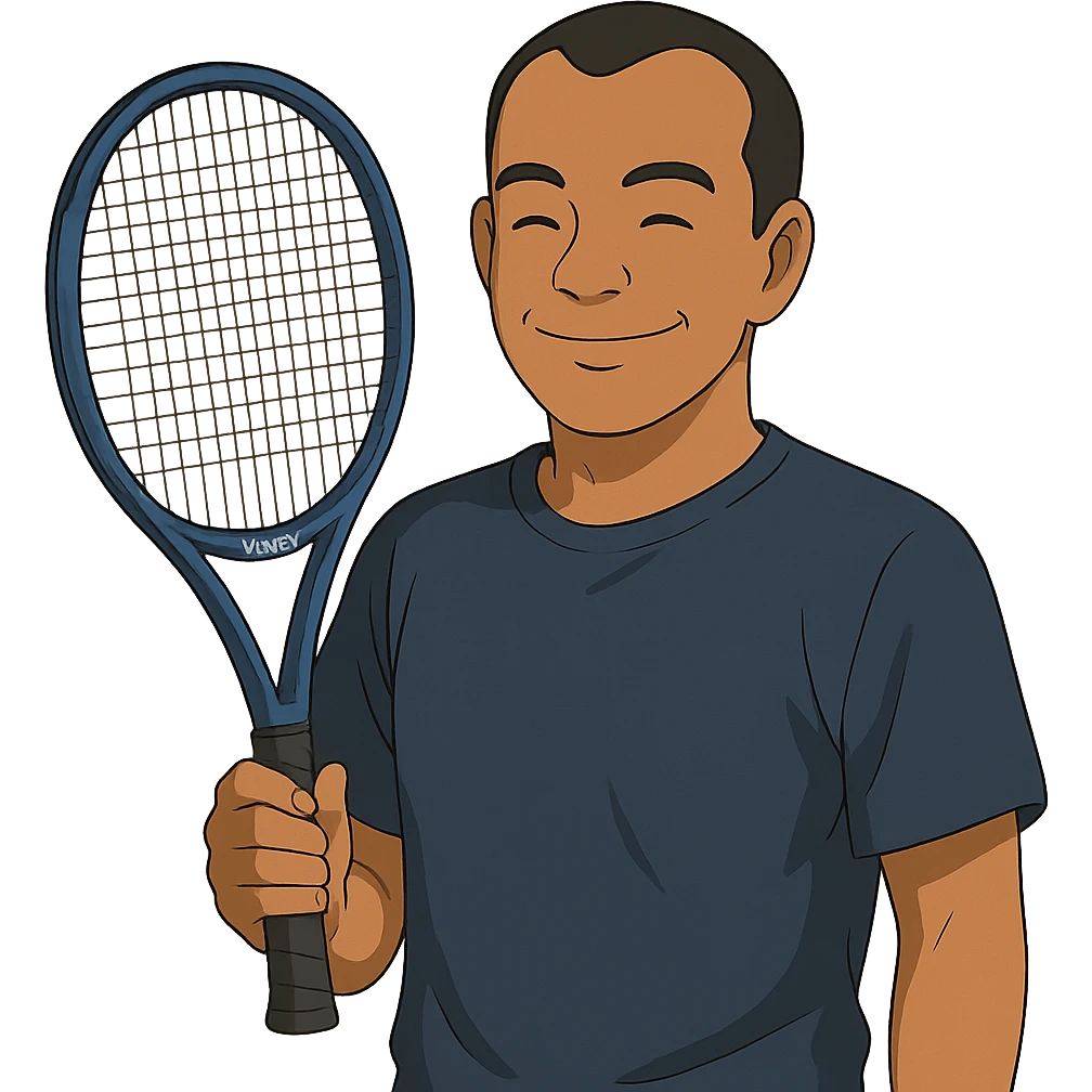 ghibli style light brown skinned tennis coach, short straight black hair with widow's peak, oval face, small eyes, smiling, holding blue Yonex racket, wearing navy blue dry fit shirt emoji