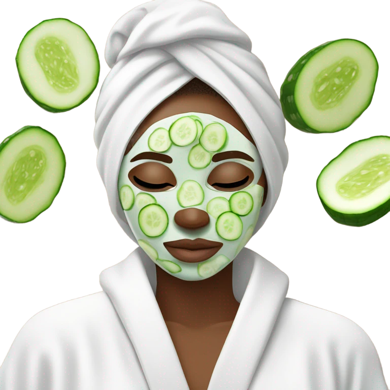 White girl with Brown hair and blue eyes wears a Green colored skincare clay textured mask and puts on cucumbers around her eyes while She relaxes in her white Robe emoji