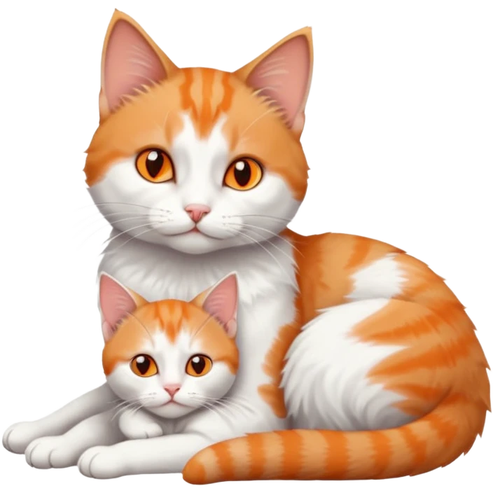 full body of a grey and white cat cuddling a very small + skinny ginger and white kitten with deep orange eyes and triangular shaped face lying down emoji