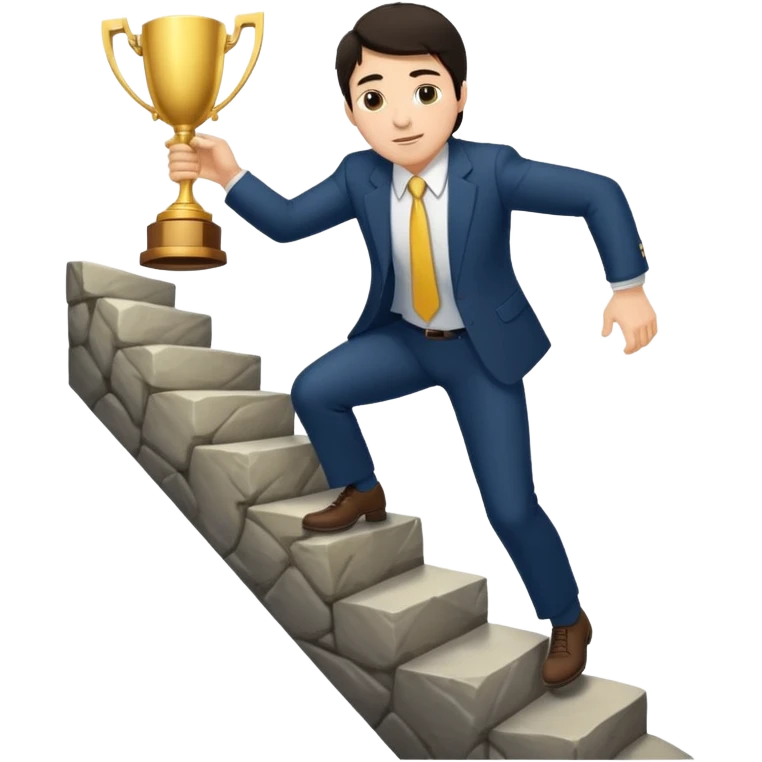 UN HOMBRE DE PIEL CLARA Y PELO OSCURO SUBIENDO ESCALERAS LARGAS PARA ALCANZAR UN TROFEO emoji