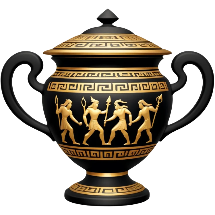 Cinematic-realistic Grecian urn, an exquisite black-figure pottery masterpiece resting in the dim glow of an ancient temple. Intricate golden depictions of two warrior fighting with spears and warriors encircle its curved form, telling timeless myths of heroism and tragedy.  emoji