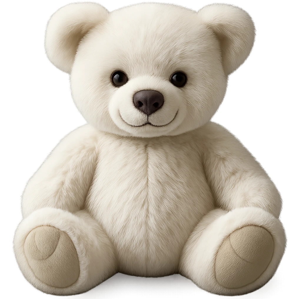 Change the teddy bear's fur to a realistic white color, keep soft lighting, and maintain a transparent background. The style should look realistic and natural with soft lighting effects. emoji