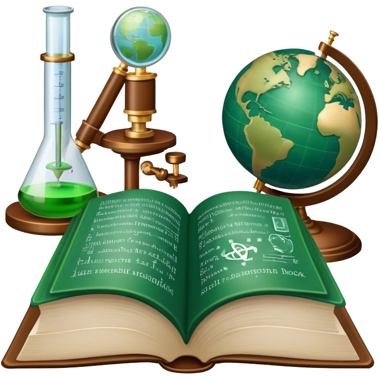 Icon for Scientific and Educational Reading: an open book with mathematical formulas, a microscope, a test tube, and a globe. The icon should represent the curiosity and knowledge found in scientific and academic books. Transparent background. emoji