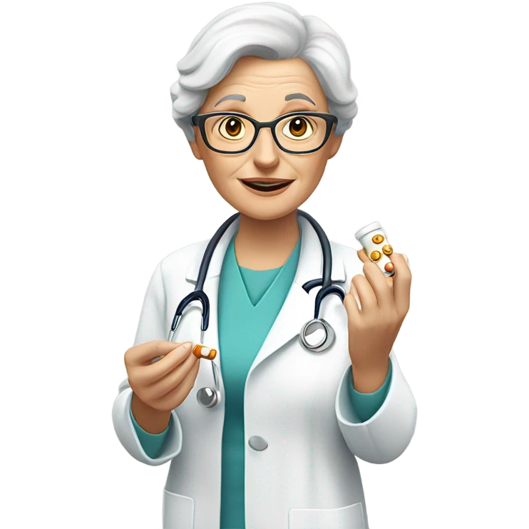 A Caucasian female doctor with glasses serving 25 pills to an old woman  emoji