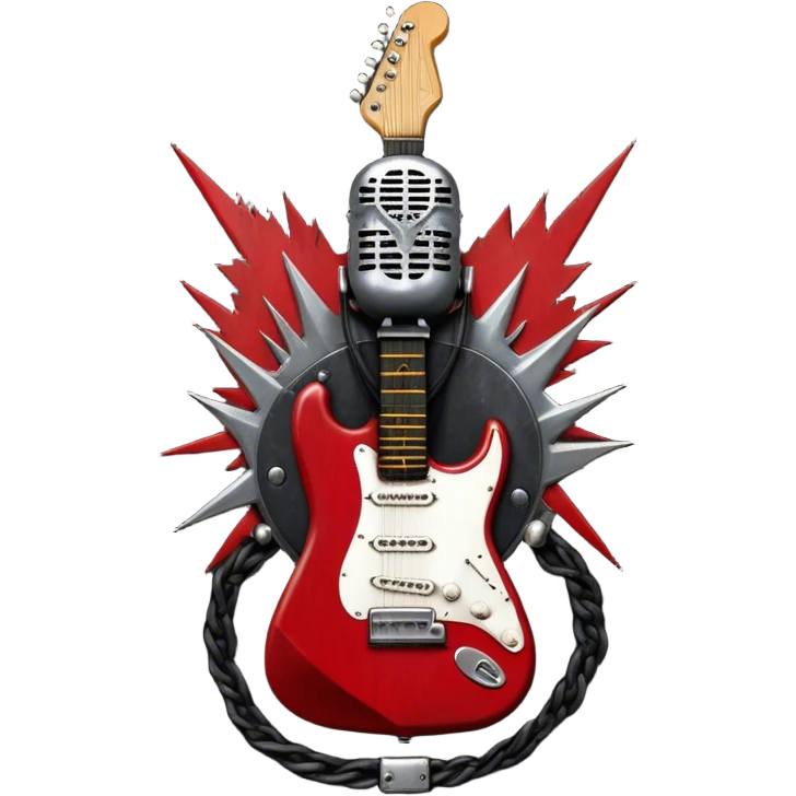 Create a powerful and dynamic humanless emoji representing rock vocals. The design should feature a classic vintage microphone with a rugged, distressed look, surrounded by elements like a guitar pick, electric guitar neck, and sound waves to reflect the raw energy of rock music. Add subtle details such as a spiked bracelet, leather textures, or bold lightning bolts to evoke the rebellious and intense spirit of rock. Use dark, edgy colors like black, red, silver, and metallic accents to emphasize the fierce, loud, and passionate nature of rock vocals. The background should be transparent. emoji