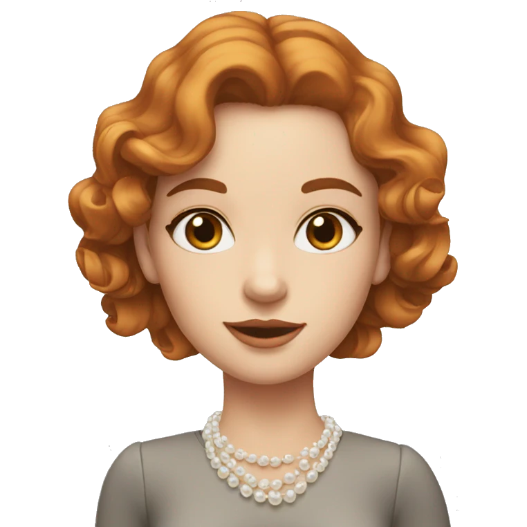 Readhead girl with wavy hair and grey eyes, with pearl earrings and classic style  emoji