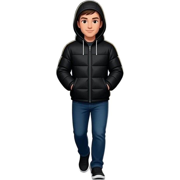 Una persona caminando con una campera negra, las manos en los bolsillos de la campera negra, con una capucha, es muy de noche y un camino largo de una plaza oscura sin personas y unos postes de luz. emoji