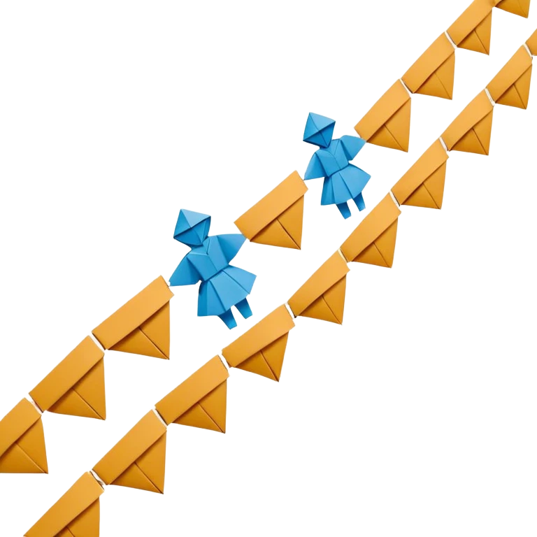 3D render of Paper Doll Chain entirely of folded origami paper, sharp creases, cardboard texture, matte finish, visible paper grain, craft aesthetic,emoji style, isolated on white background --v 6.0 emoji