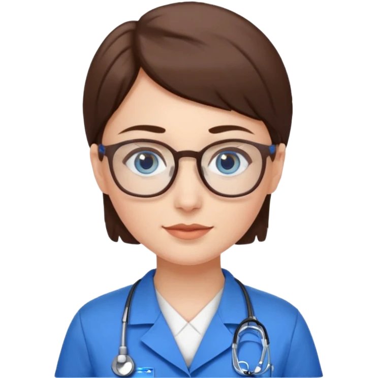 Blue eyes very short brown hair with glasses woman in care assistant blue uniform emoji