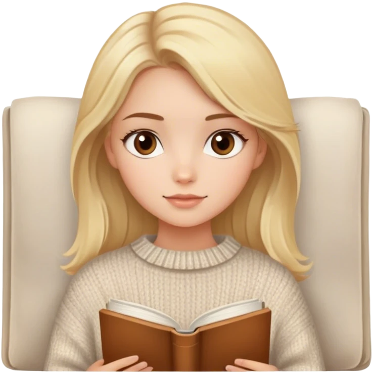 pretty blonde girl with brown eyes wearing a cozy sweater, with book emoji