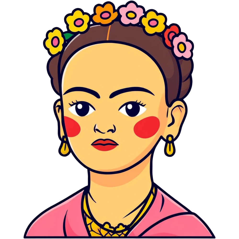 cartoonish expressive portrait of Frida Kahlo with iconic unibrow and flowers emoji