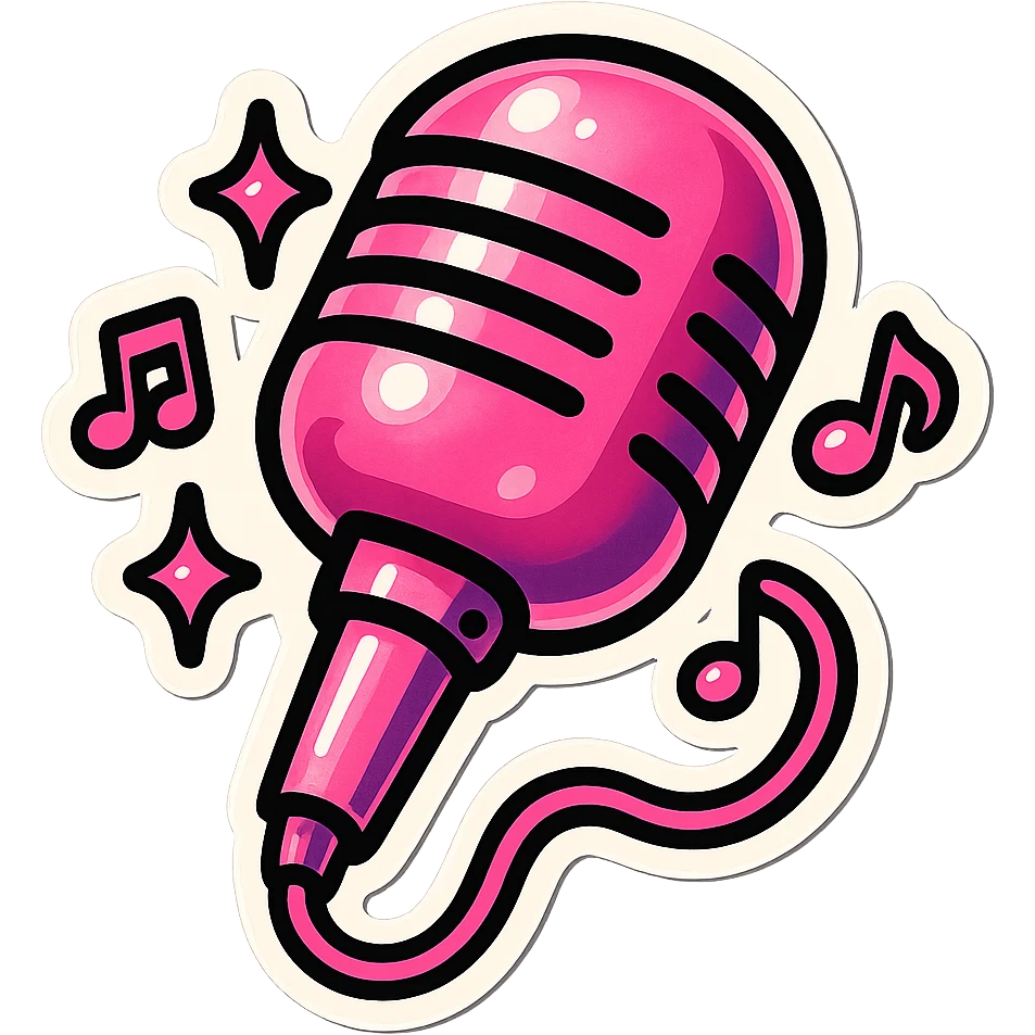 stage microphone, retro sticker style, black and pink accents, bold outlines, playful and musical, BLACKPINK inspired emoji