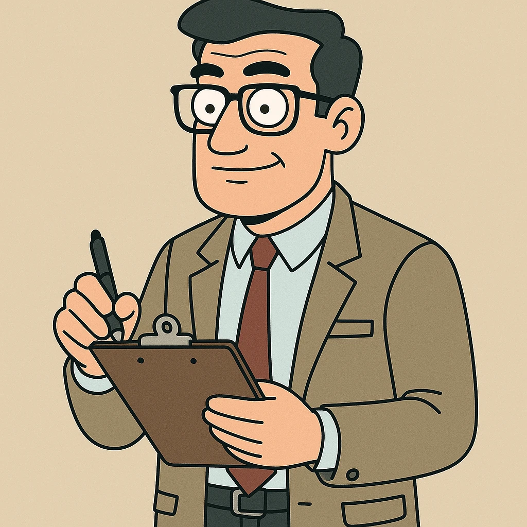 a modern inspector, business attire, holding a clipboard and pen emoji