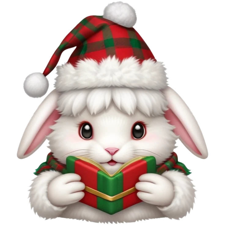 fluffy white angora rabbit wearing red and green plaid Christmas hat held in hands emoji