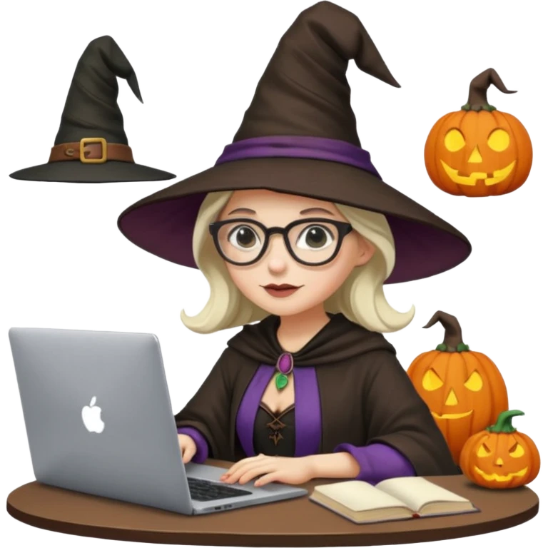 A female video editor wearing glasses, dressed like a witch with a pointed hat, sitting at a laptop editing a video, cinematic lighting, cozy creative studio, professional look, high quality, realistic emoji