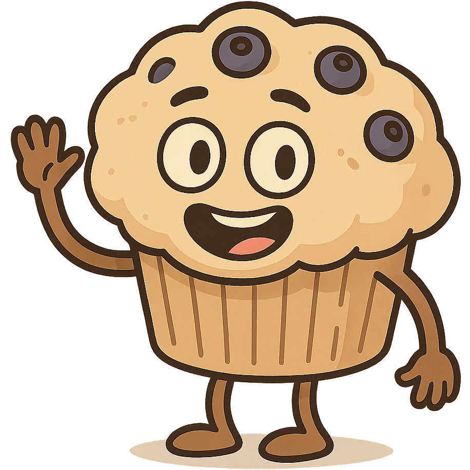 a smiling blueberry muffin with blueberries, waving hand, minimal style emoji