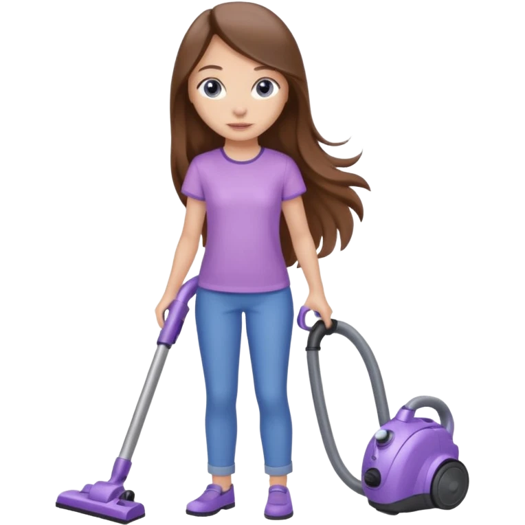 beautiful girl with long brown hair, blue eyes and wearing light purple clothes, cleaning and vacuuming emoji