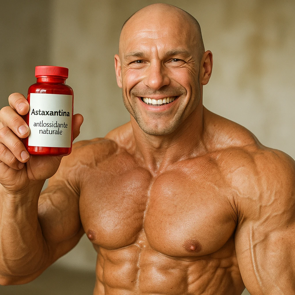 hyper realistic bodybuilder smiling showing red bottle of astaxanthin, defined muscles, clearly visible label, text 'Astaxantina: antiossidante naturale', positive atmosphere emoji