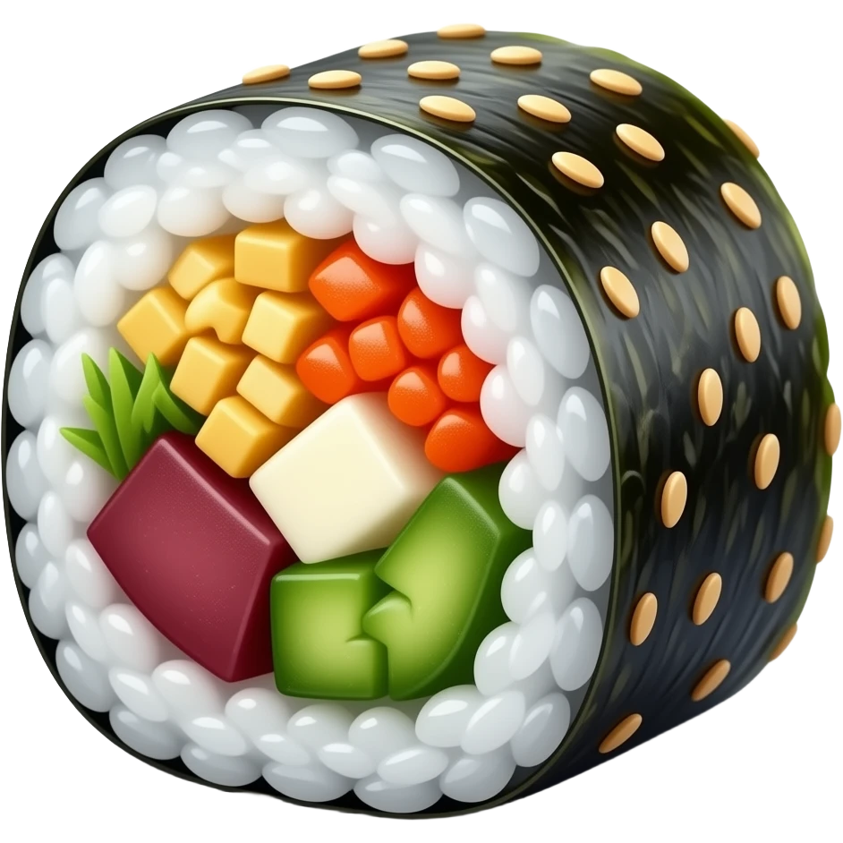 Korean gimbap, cinematic realistic, sliced roll, colorful fillings, sesame seeds, glossy seaweed, studio lighting, ultra detailed emoji