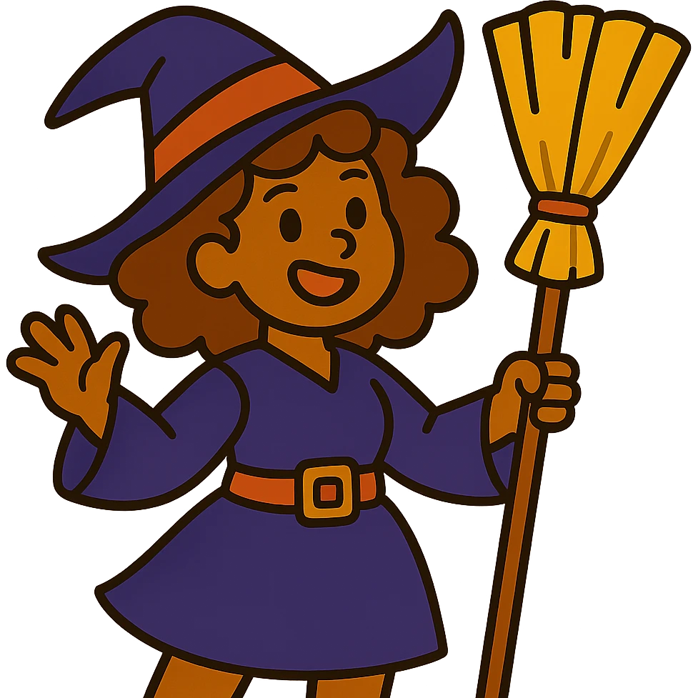 witch with caramel brown curly hair, holding a broom emoji