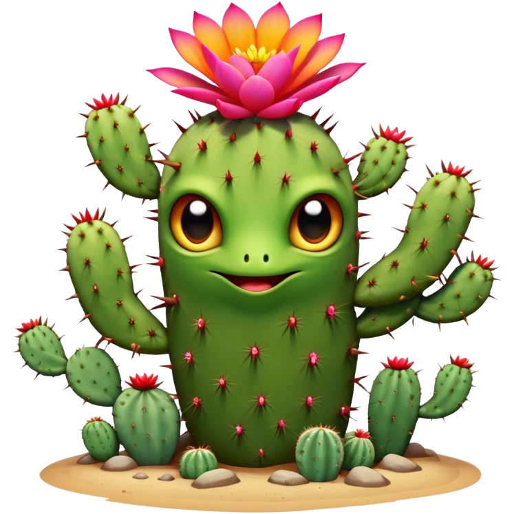 A desert-dwelling plant hybrid creature with cactus spines, eyes, blooming flower petals that change color with the temperature, and the ability to burrow underground with root-like limbs during sandstorms. emoji