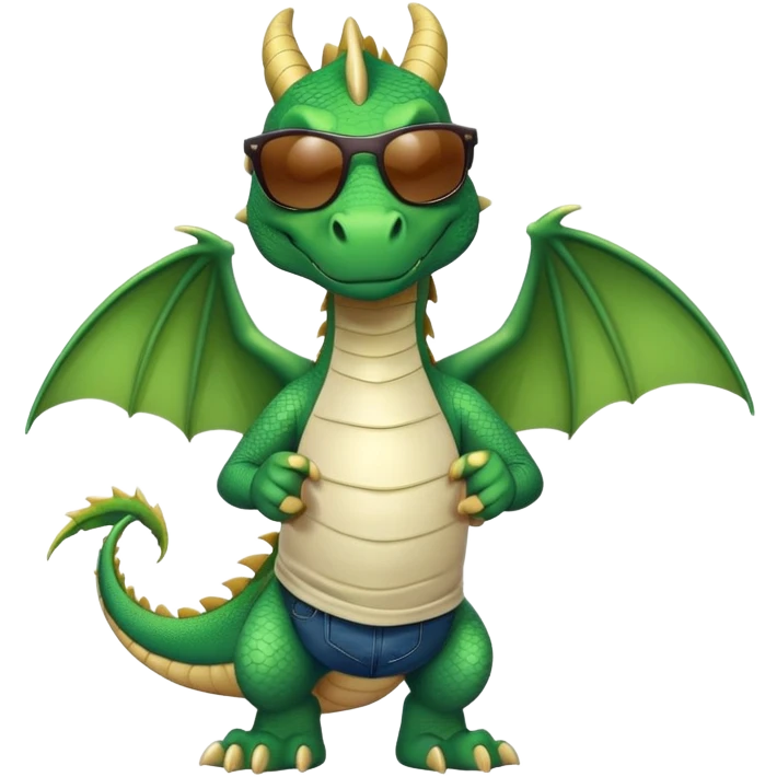 friendly anthropomorphised green dragon in a sports t-shirt and jeans wearing dark sunglasses emoji