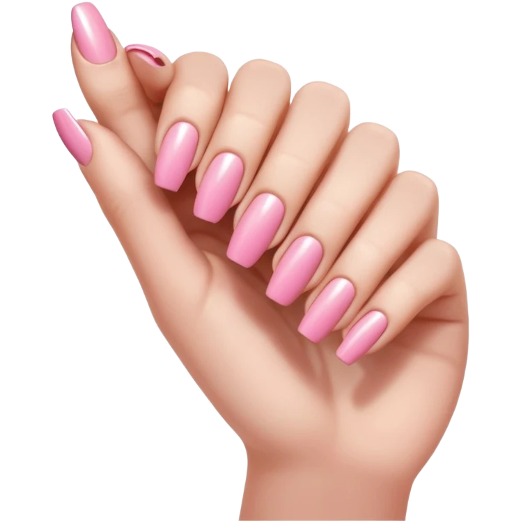  pink close-up of a hand with beautifully manicured nails, glossy pink nail polish, elegant nail shape, soft lighting and shadows, realistic style, emoji