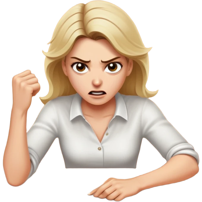White woman ripping a white tablecloth off of a wooden table in anger emoji